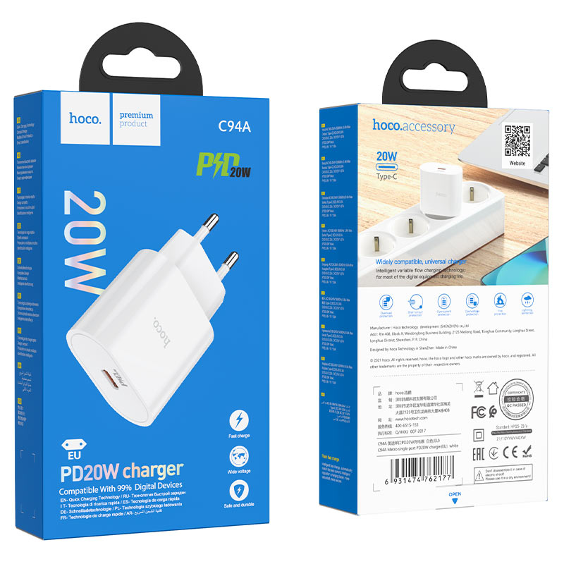 hoco-c94a-metro-single-port-pd20w-wall-charger-eu-package PHONE CH HOCO C94a 20W (PLUG) - الصورة 1